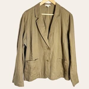 Eileen Fisher Organic Linen Olive Green Notch Collar Blazer Jacket Size XL
